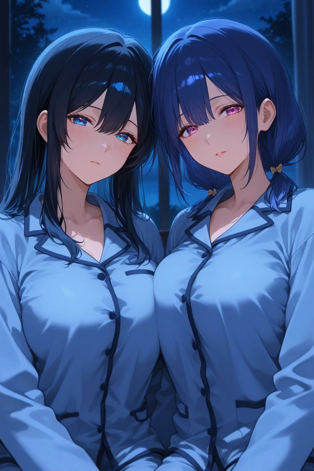 Two girls with ponytails,Lesbian,Unbuttoned,Uniform,Half naked,Dark Japanese-style room,In heat,Showing genitals