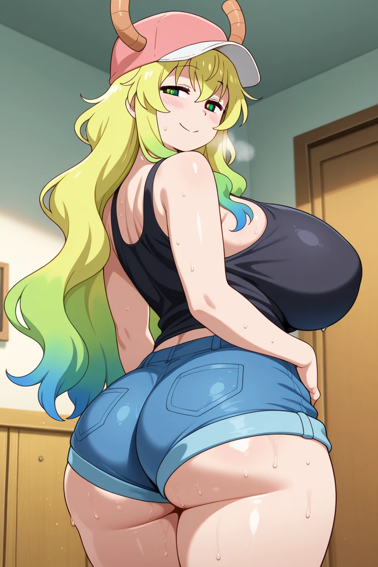 score_9, score_8_up, score_7_up, source_anime,masterpiece,best quality,highres,absurdres,official art,official style,source_anime,anime screencap,anime coloring,megami magazine,anime,animated,explicit,
shiny skin,large breasts,lucoa (maidragon), multicolored hair, blonde hair, green hair, gradient hair,dragon girl, horns through headwear,baseball cap, large breasts, naked, nude, inverted nipples, peeing, pissing, full body,