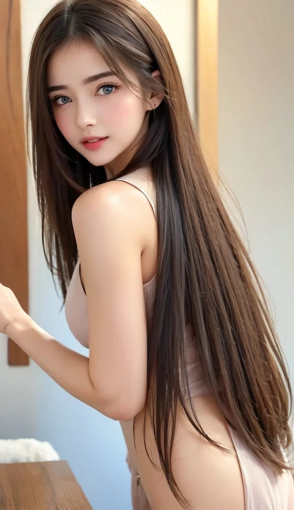 (surrealistic), (illustratio), (hight resolution), (8k picture), (ighly detailed), (The best illustrations), (beatiful detailed eyes), (top-quality), (ultra-detailliert), (​masterpiece), (wall-paper), (详细的脸), 独奏, 1girl in, shoulder-length hair、light brown hair、Underwear、huge smile、Blushing cheeks、Dark eyeliner、bangss、Constriction of the lower back、skinny thigh、small ass、Beautiful bangs、Look at your audience、a necklace、piercings、hotels room、spoiled child