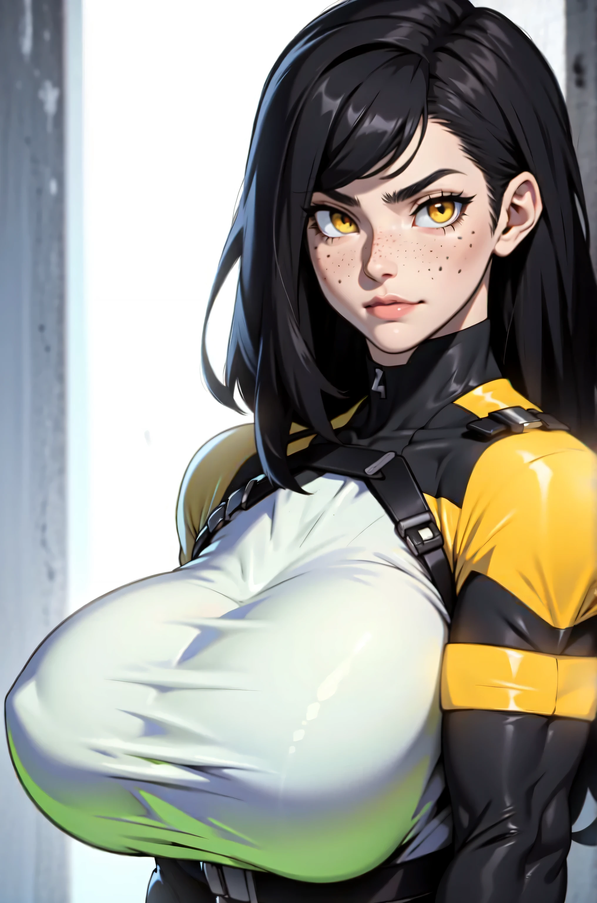 muscular girl huge breasts black hair yellow eyes pale skin