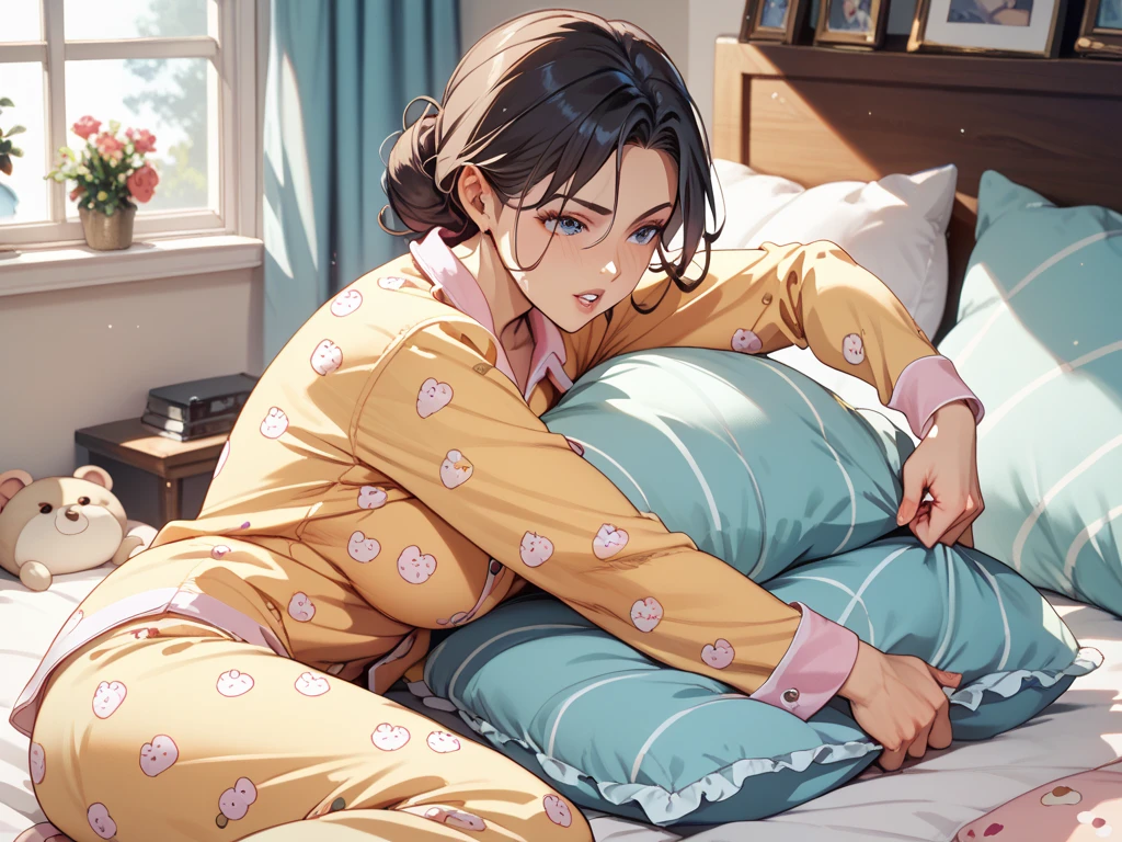 Sleeping girl, 22 years old, realistic, she is wearing long pants, she is wearing pink pajama, brown hair.