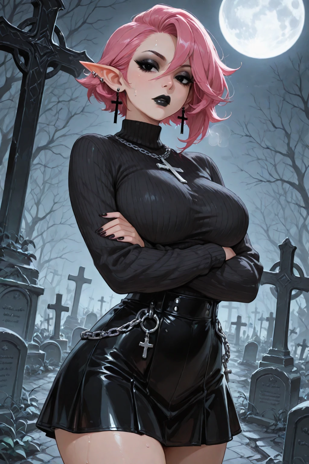 Beautiful, Elf, gothic, woman, busty, big breasts, plumps lips, short black hair, bob cut, green eyes, small waist, hourglass body, silver skull earrings, black goth shirt, long sleeves, off shoulder, black choker, dark gray ripped jeans,  bracelets, portrait, moody expression, arms crossed, graveyard.