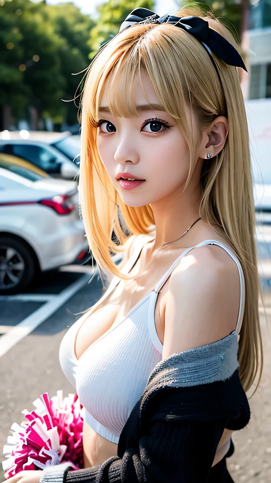 Sexy big 、Sexy cute looks and cute 15 year old beautiful girl, Beautiful and sexy face、A strong wind blows my hair in front of my face、With short blonde hair、Beautiful, cute and sexy eyes hidden behind long bangs。
