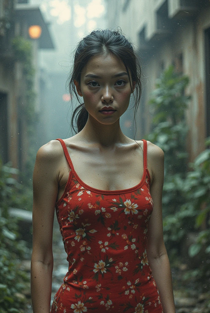 Mary Elizabeth Winstead as a poor prostitute in the first industrial revolution in a red dress with a scar over her eye