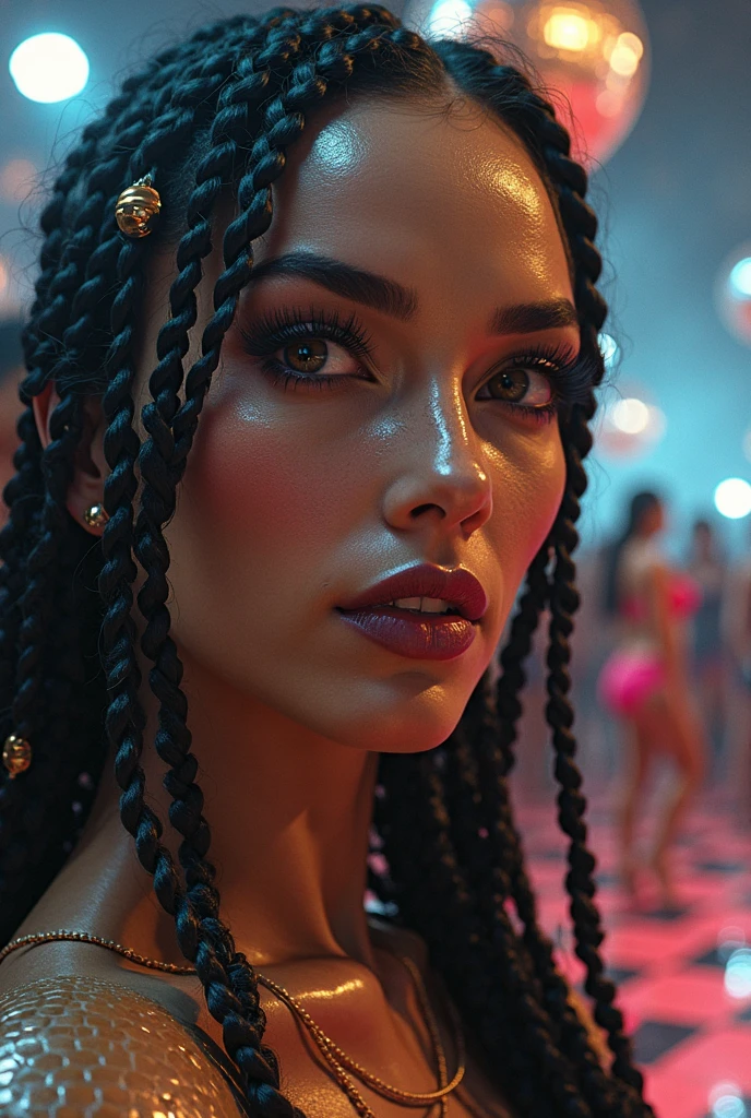 latina woman, young, naked, short curly braids, septum piercing, dimples, thick collar around neck, naughty expression, black latex, yellow neon lights, dominating smile, close-up, UHD, retina, masterpiece, accurate, anatomically correct, textured skin, super detail, high details, high quality, award winning, best quality, highres