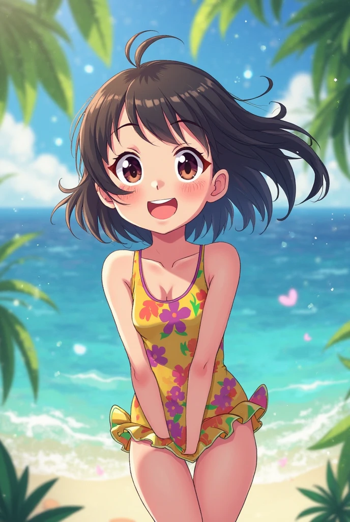 cute girl, (masterpiece:1.2, best quality), (real picture, intricate details), (8k, polished image), Japanese, big eyes, looking viewer, big smile, drooping eyes, shorthair, twin tail, (masterpiece:1.2, best quality), (real picture, intricate details), (8k, polished image), (masterpiece), best quality, short cut, delicate details, shy girl, round face, skirts, mini redswimwear,beach, solo, ???, Undressing, take off clothes,from side shot,doggy style,