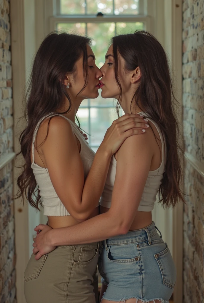 Generates an image of a fat teenager girl kissing a skinny man teenager whit a background on a bathroom