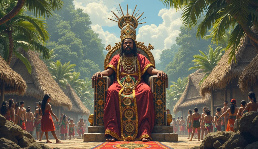 A handsome handsome man without a shirt, golden pants, crown, on a king's chair, thin, white skin, in the desert, a desert palm tree behind a lake and a peacock with two leopards at his side, a rug under his feet, two men look at him, blowing on him with the palm leaf and a woman dances for him on his forehead