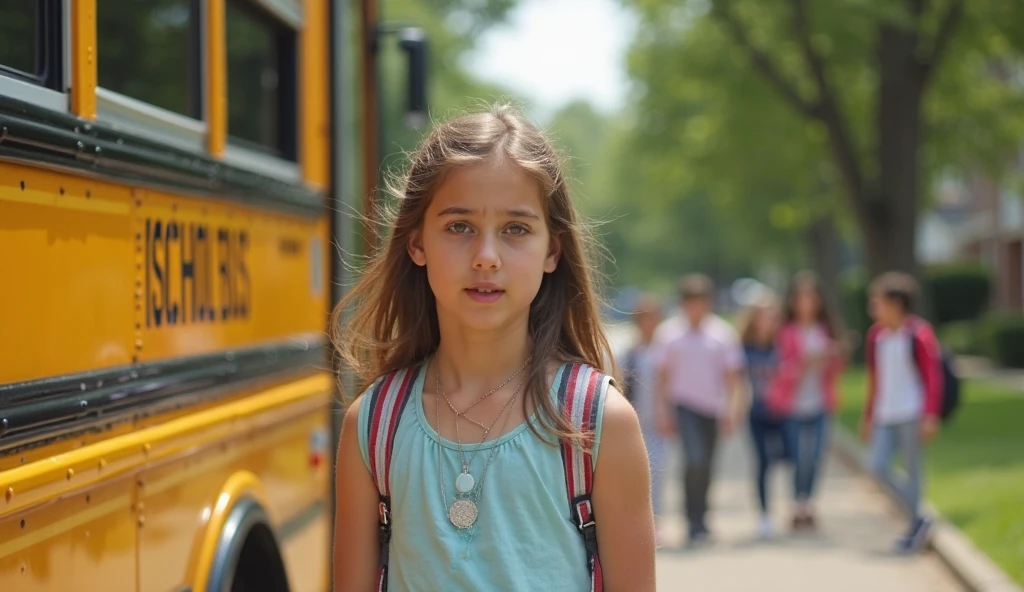 girl in glasses, sweater vest and with no pants walking barefoot at school