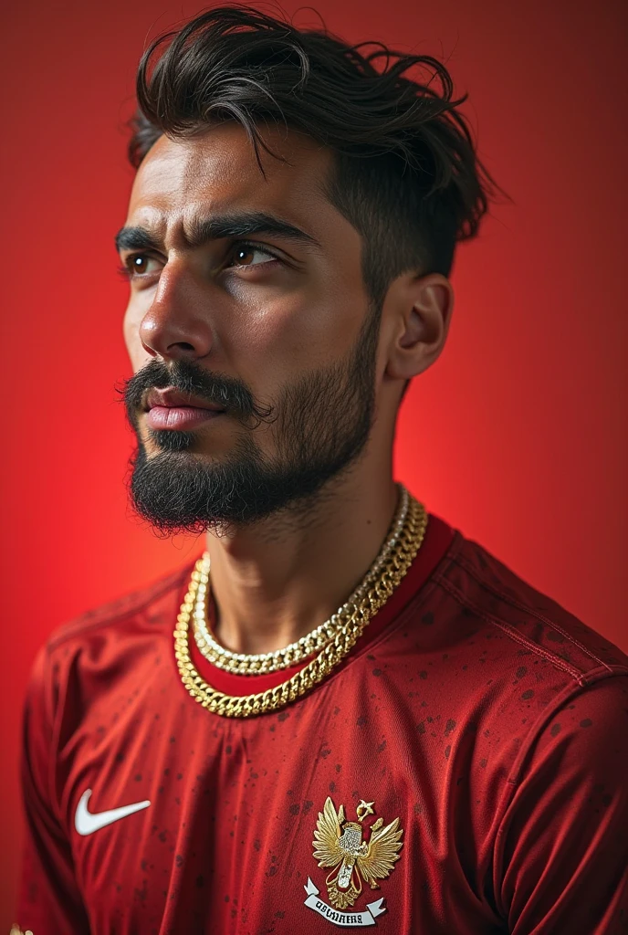 A man with red theme and a rope on lips