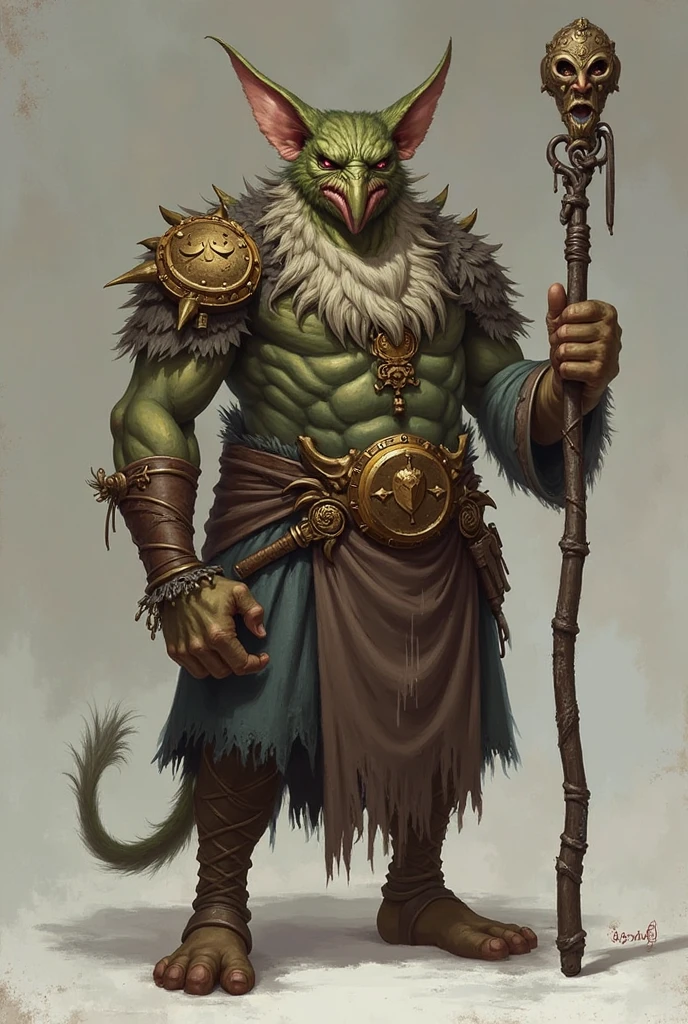 Create an image of a green Tiefling, very thin dressed in clothes made of rags and skins and who has a long and thin goatee and two horns and a tail, and with a dodo perched on his staff