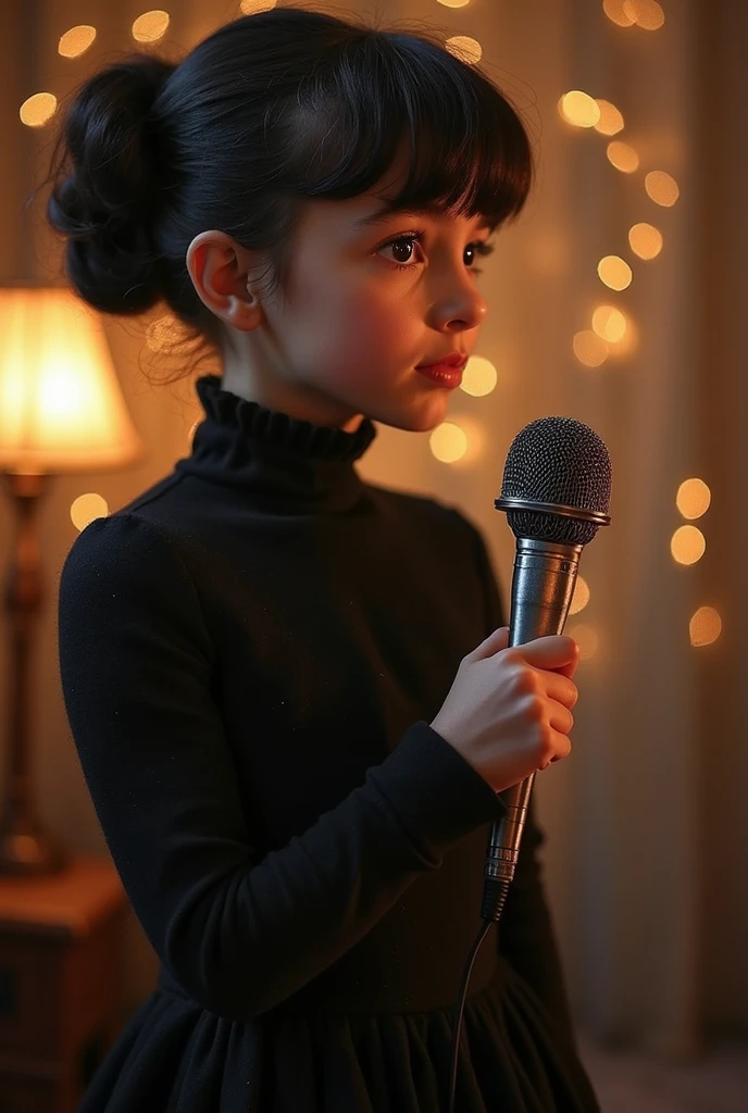 Saint-Malo, 1940. A little ((((12-year-old)) Marie-Laure LeBlanc)), freckles, with an old radio microphone, ((((clothings from the 1940s)))), ((dark hairstyle of the 1940s))