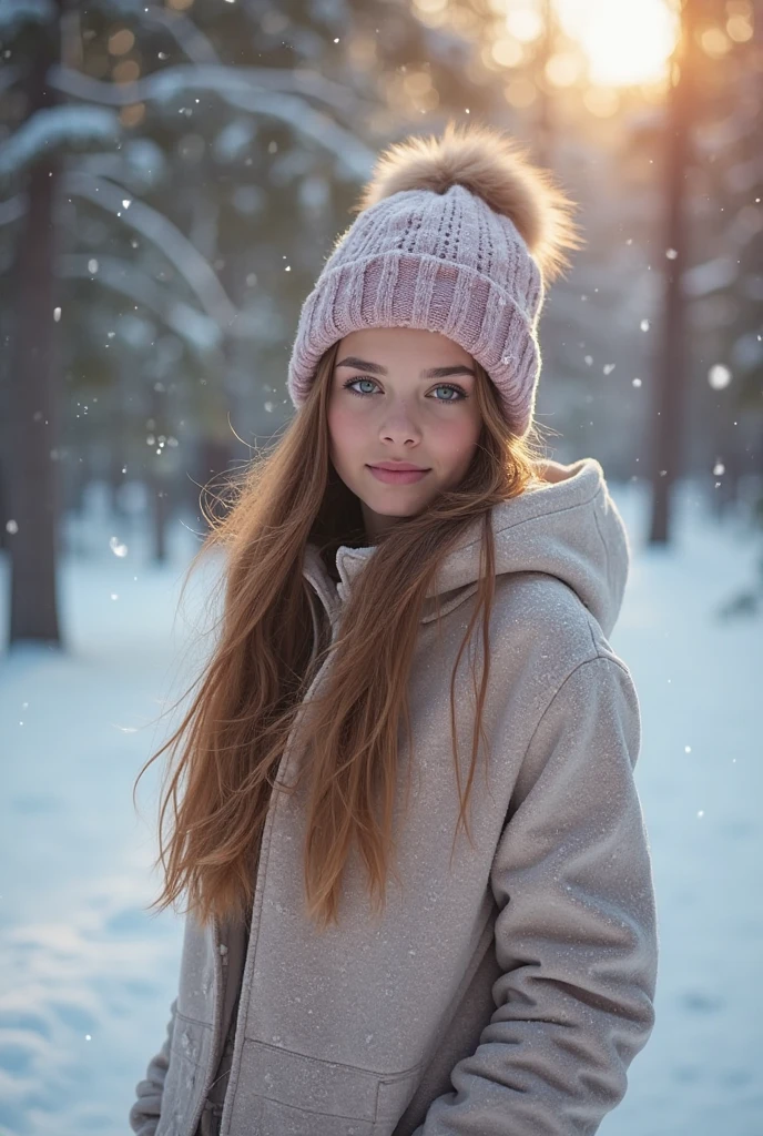 18 year old blonde girl in pink down jacket and quilted pants
