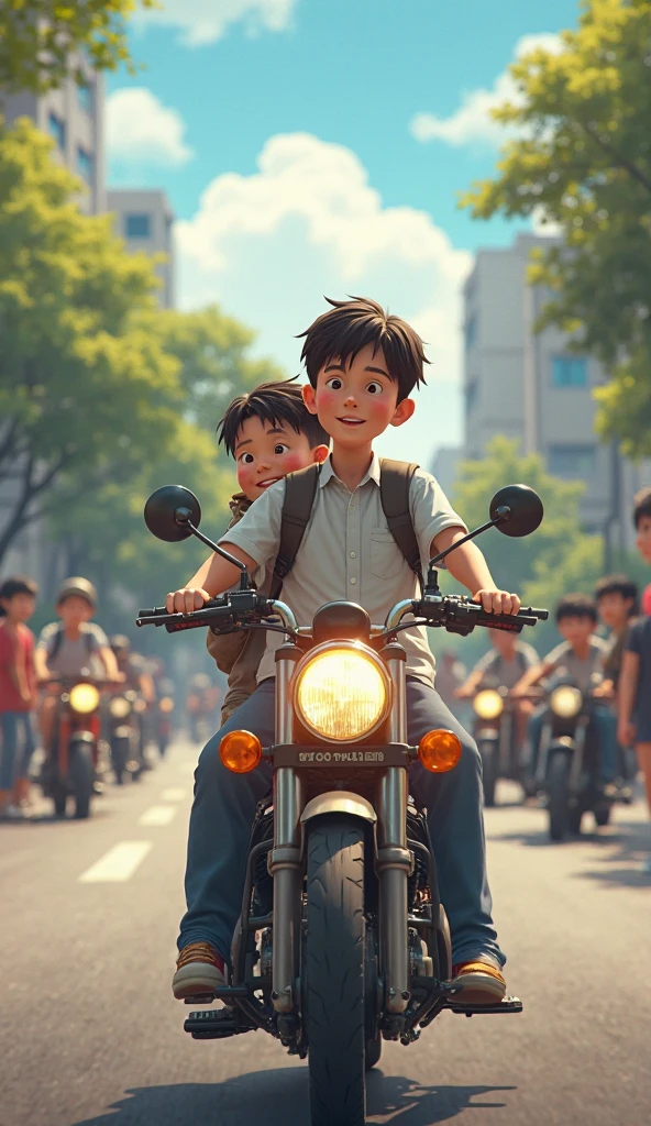 A boy is waiting for his girlfriend but she is going with her father on father's bike in front of that boy, make this as image