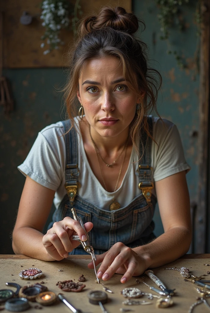 a photo of a seductive woman with straight redhead hair, she is hanging by her hands in an old barn, dangling off the rope. The barn has skulls and bones as decorations, rusty tools and a chainsaw can be seen. she is wearing Button-up pink flannel shirt, and denim shorts