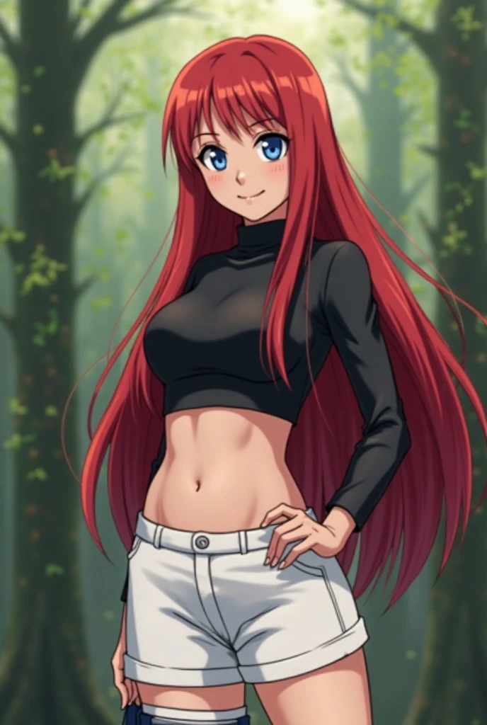 ((High Quality image 10k)) (( perfect autonomy)) Masterpiece, solo girl, brown eyes, red hair, wearing sleeveless black shirt, blue jean shorts, shorts are falling down, cute panties, sexy panties, evil smug grin, Standing, in the park