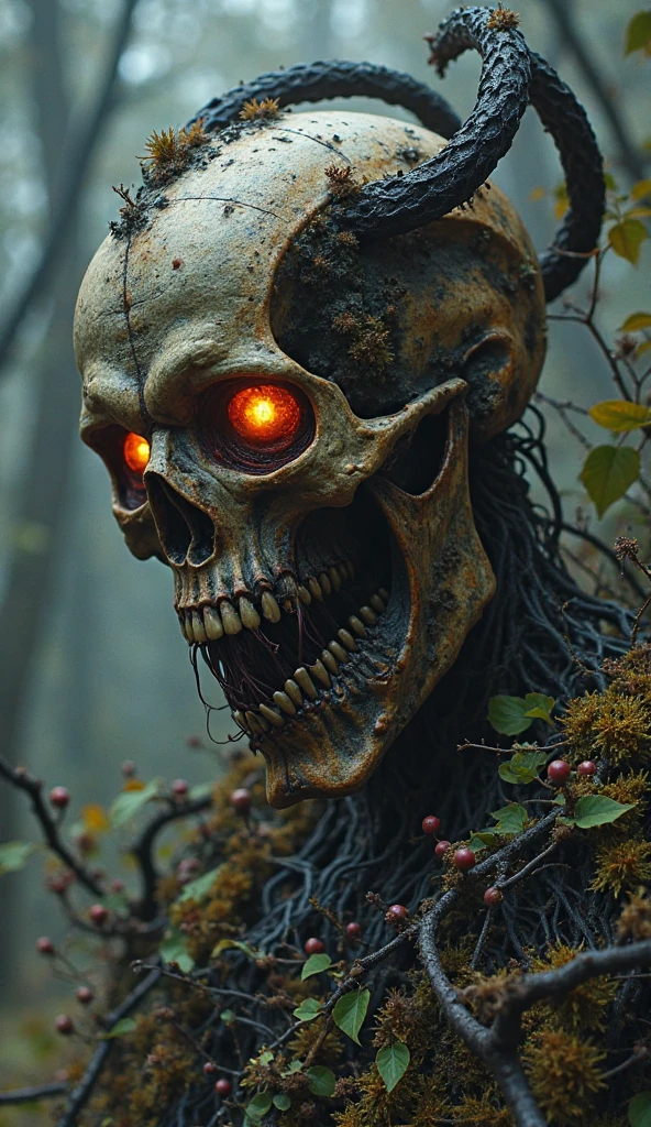(Best image quality, 4K, 8K, high resolution, masterpiece: 1.2), Extremely detailed, Practical: 1.37, Metal skull head close-up, An altar made of abstract twisted tree roots，Pulling a very large (Mysterious skull made of metal), Glowing eyes, There&#39;s a creepy waterfall above the skull, (rainbow, rainbow around the skull), Energetic, The circular composition demonstrates the role of various structural forces, Solitary, (Steampunk decorative elements, gear, and other elements). pointer, Chain wonderful decoration combination,