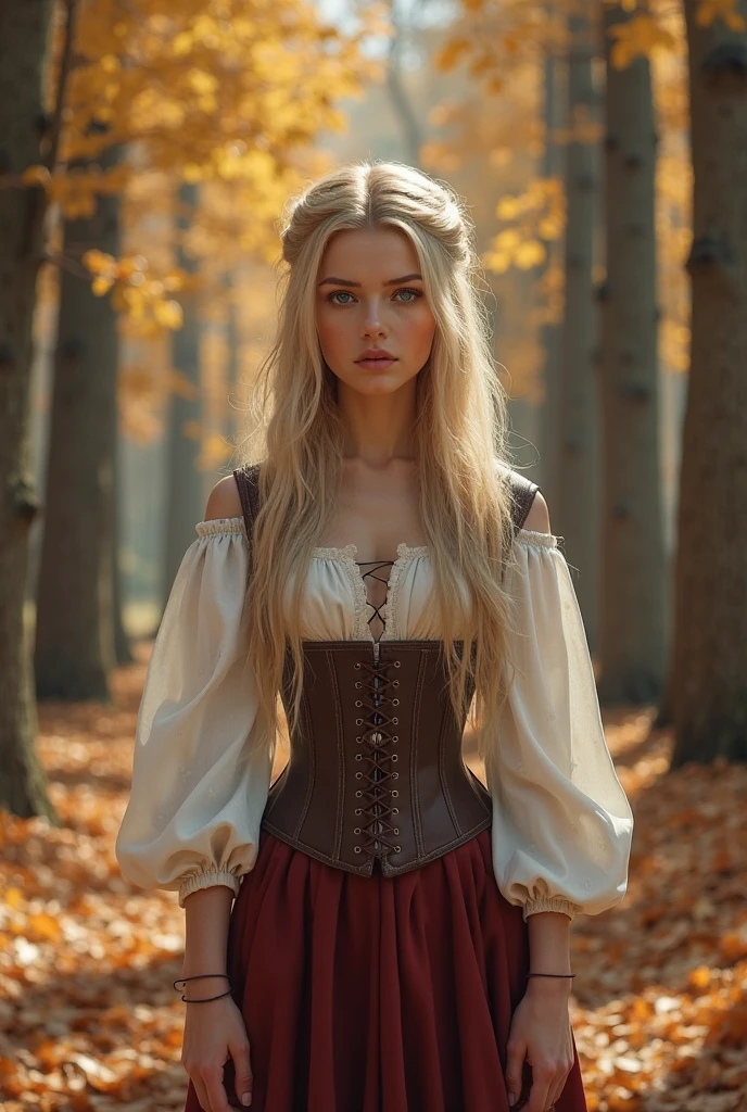 ### **Sensual Medieval Orchard**
Envision a woman standing in a secluded medieval orchard, surrounded by blooming apple trees with their branches heavy with ripe fruit. Her long, golden blonde hair cascades down her back in loose waves, with a few soft strands framing her captivating blue eyes. Her fair skin glows with a slight flush from the warmth of the sun, highlighting her natural beauty. She is dressed in a revealing, low-cut peasant blouse made of light, cream-colored linen that clings to her generous breasts, the fabric thin enough to hint at the soft curves beneath. The blouse is loosely tied at the front, with the laces barely holding it together, offering a tantalizing view of her cleavage.
She wears a short, tattered skirt made of dark brown leather that sits low on her hips, revealing her thick, shapely legs. The skirt is cut high on one side, exposing more of her thigh as she stands with a casual, confident stance, her posture relaxed yet seductive. A simple leather belt cinches her waist, emphasizing her hourglass figure, while her bare feet rest lightly on the soft grass of the orchard floor.
The orchard is bathed in the golden light of the late afternoon, with the scent of ripe apples and wildflowers filling the air. The atmosphere is warm and inviting, with the rustling leaves and distant hum of bees adding to the sense of peaceful seclusion. Her blue eyes glimmer with a mix of playful mischief and unspoken desire as she gazes directly at the viewer, her expression both inviting and challenging.
The entire scene is charged with a subtle, erotic energy, where the simplicity of her attire and the natural beauty of the orchard create a captivating contrast. The woman’s sensual presence transforms the rustic setting into a moment of intense, intimate allure, making her the irresistible focal point of the scene.