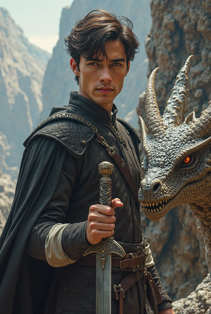 Create an image with a handsome adult boy, with black hair shaved on the sides, black eyes, with a dragon and with a game of thrones theme, real