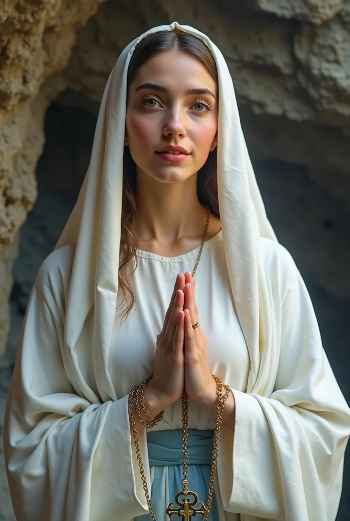 Create an ultra-realistic image of Mary, the mother of Jesus, from the waist up, focusing on a frontal view of the bust. Mary should be depicted with serene and compassionate features, including a modest expression and gentle demeanor. She should have long, flowing hair partially covered by a veil or headscarf. Her attire should be a simple yet elegant robe with soft, flowing folds and natural textures. The background should be neutral or subtly thematic to enhance the figure, with soft, divine lighting to highlight the details and textures of her appearance. Ensure that Mary’s peaceful and nurturing expression, along with her graceful presence, are clearly captured from the frontal perspective.