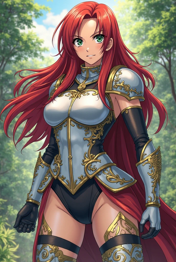 "(masterpiece:1.1), best quality, NSFW,
1girl, (80s anime style:1.3), (eyelashes:1.5), (loli:1.2),
(intricate high detailed body:1.2),
(red hair:1.1), (forehead, hair slicked back:1.2), (twintails:1.1),
purple eyes, (thick eyebrows:1.1),
(pale skin:1.3), (slim body:1.1), (perfect world gigantic, gigantic breasts:1.5),
(happy, smile:1.2),
(golden embroidery bikini armor, corset:1.2), (garter belt:1.2),
(spiked knight armor, armored boots:1.2), (ahoge:1.2), hand cuffs,
standing, arms behind back,
(upper body, cowboy shot, looking at viewer, from front:1.1),
(daytime, grassland, outdoors:1.2)"