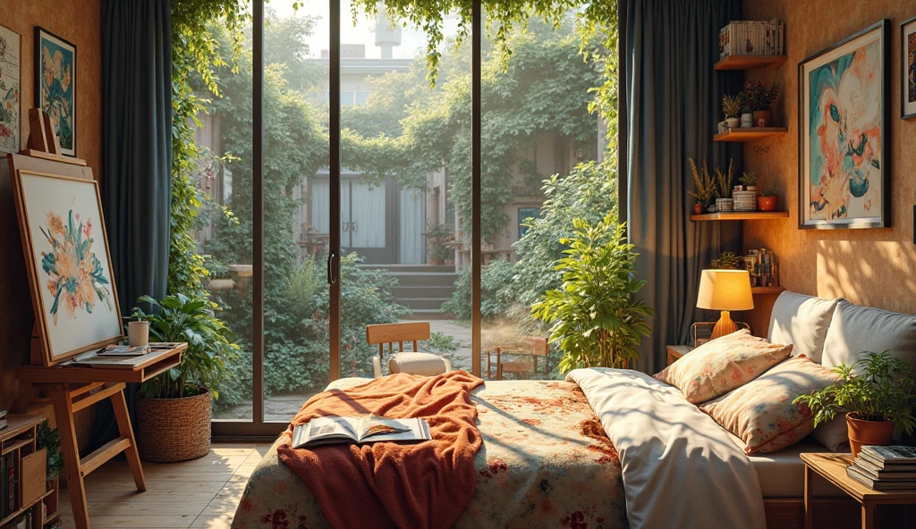 High-detail RAW color photography, Loft-style bedroom interior, (higly detailed, hyper-detailing, Entanglement), (lens glare: 0,7), (bloom: 0,7), particle fx, ray traced, 电影灯光, Shallow depth of field, photographed with Sony a9 II, 50mm wide angle lens, sharp-focus