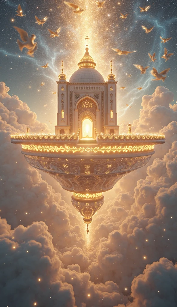 A huge, gigantic mosque on the back of the clouds in the sky, with lots of lights and lights, and giant clouds, white and gold..
High accuracy, Ultra-high-resolution display, Very detailed, luster, halo on head, color deviation, glowing light, Rays of God, A picture of bliss.
Index finger in front of screen pointing to the sky
