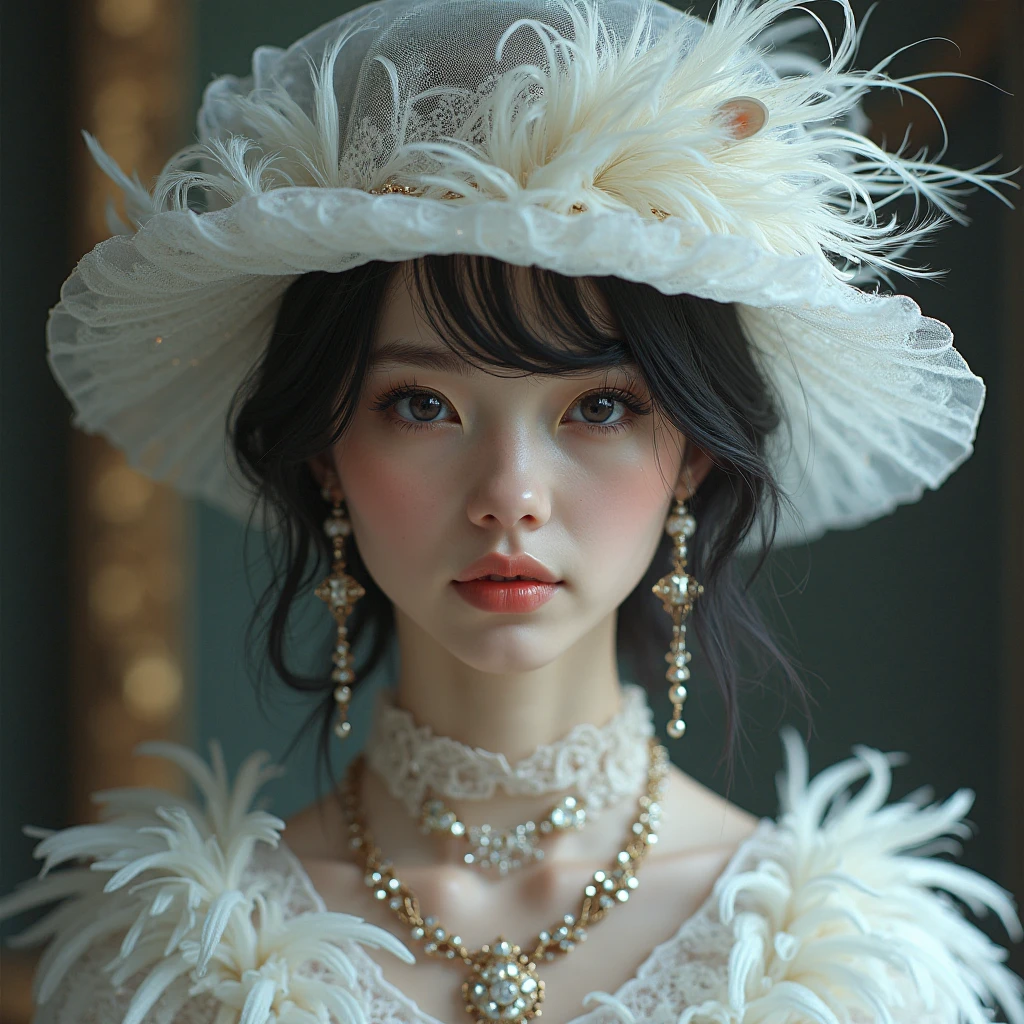 close-up of a woman in a white hat and dress, ivory pale skin, in Hat, ivory rococo, stunning elegant, hour 7 0 4, silk hat, hour 7 6 8, H 768, Elegant lady with alabaster skin, fashion, unusual hat, Silver，ivory, a refined aristocratic, ivory, Elegant lady, c 576