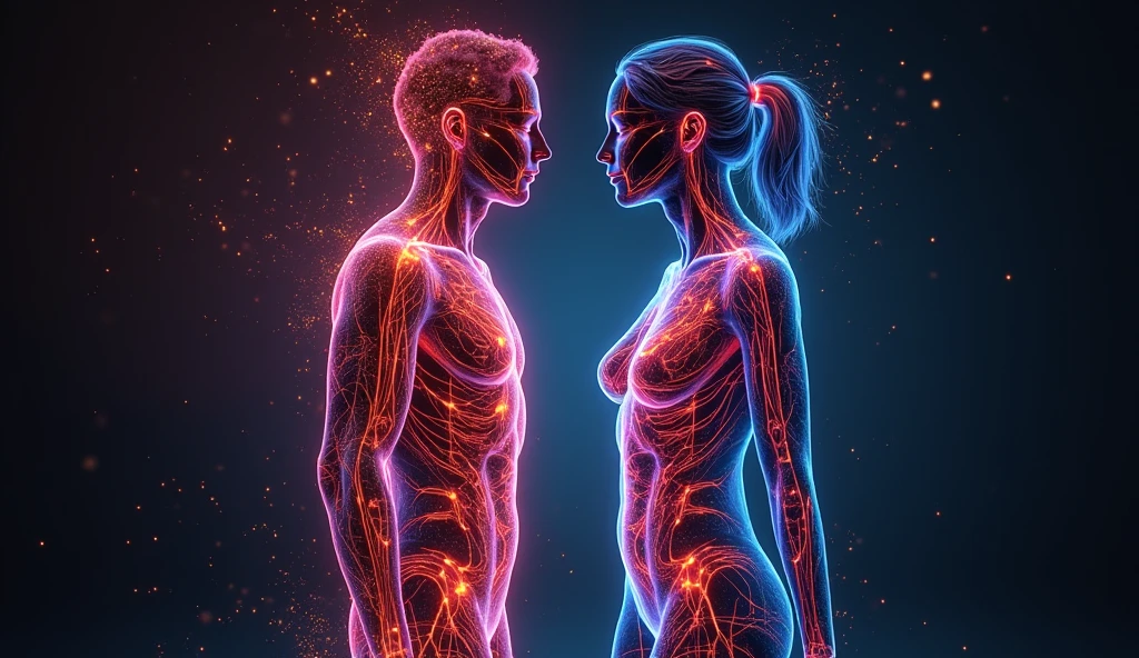 a humanoid being glowing in neon, touching another humanoid being with half of its body glowing in neon,illustration