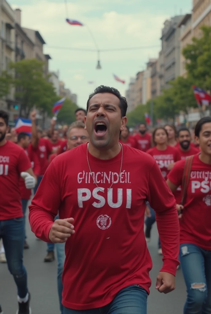 Um jovem, brasileiro estilo disney pixar, alta qualidade, melhor qualidade, Political demonstration with red flags, sorriso confiante, Charismatic and hands up