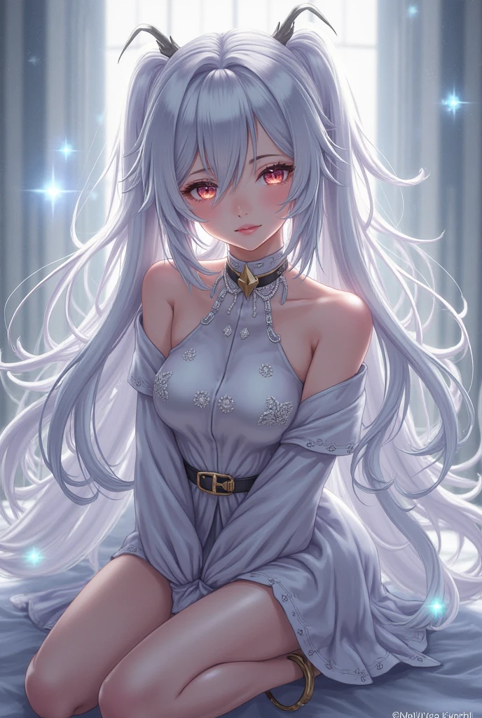 Ning Guang (Genshin), 1 girl, long hair, breasts, looking at viewer, blushing, bangs, large breasts, hair accessory, red eyes, dress, hugging, bare shoulders, closed mouth, white hair, heart, solo focus, looking back, facing away, sitting, sitting on glass chair, on glass panel, visible female genitalia, visible vagina, visible pussy, visible vagina, Chinese dress, tassels, cheongsam