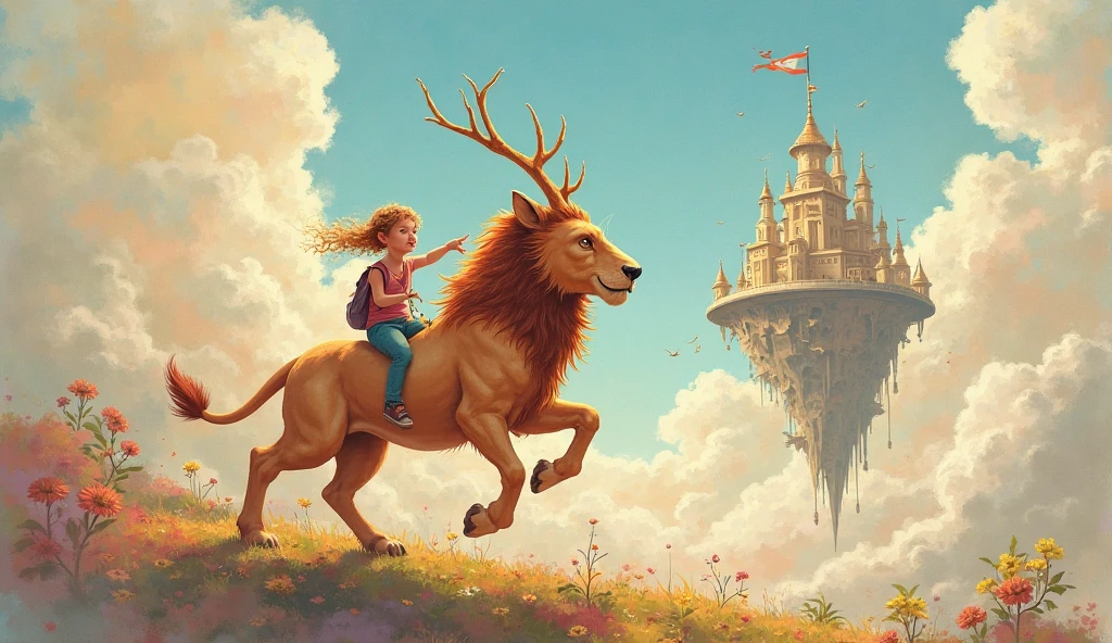 Create a high-quality image with rich details and a futuristic style. Na imagem, a girl walks in an imaginary garden, accompanied by her pet lion. O jardim deve ser exuberante e surreal, with plants and trees that don't exist in reality, emanating an aura of fantasy and innovation. The girl and the lion must be in the spotlight, with calm and confident expressions, As they walk towards the horizon, que deve ser adornado por elementos futuristas, like distant skyscrapers, spaceships or other technological elements. A atmosfera da imagem deve ser vibrante, conveying a sense of adventure and possibility in a distant and exciting world. The main focus is to capture the beauty and wonder of this moment, with a mix of nature and technological advancement in an imaginary setting.