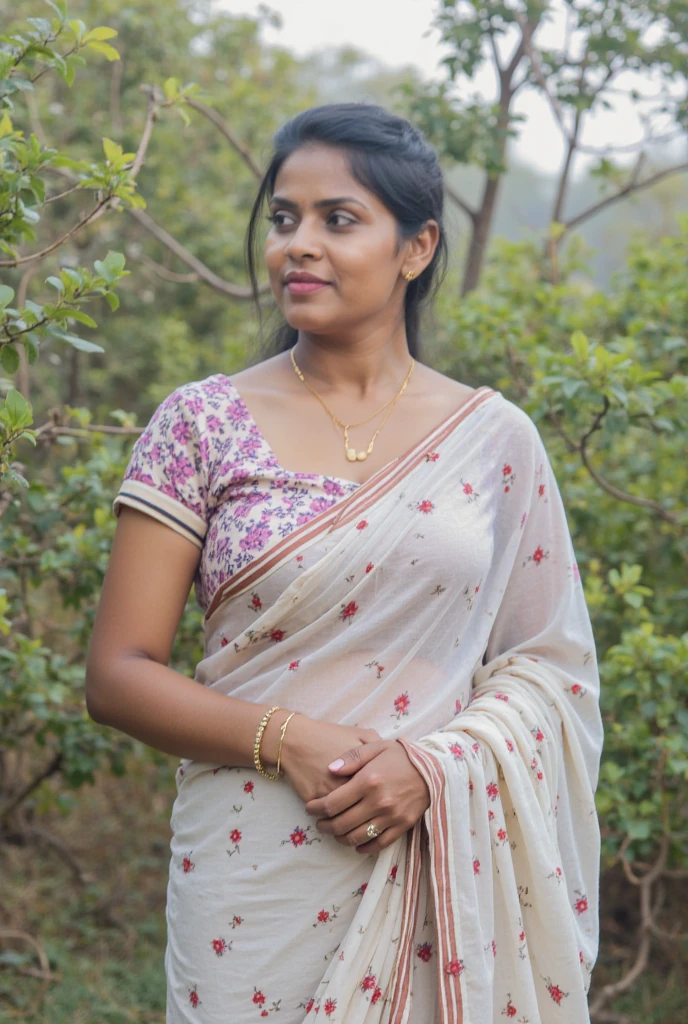 beautiful mature Indian 25 year old girl, brown skin tone, wearing traditional Indian attire, posing in her flower fields, athlete body, brown eyes, black hairs, Indian skin tone, realistic skin texture