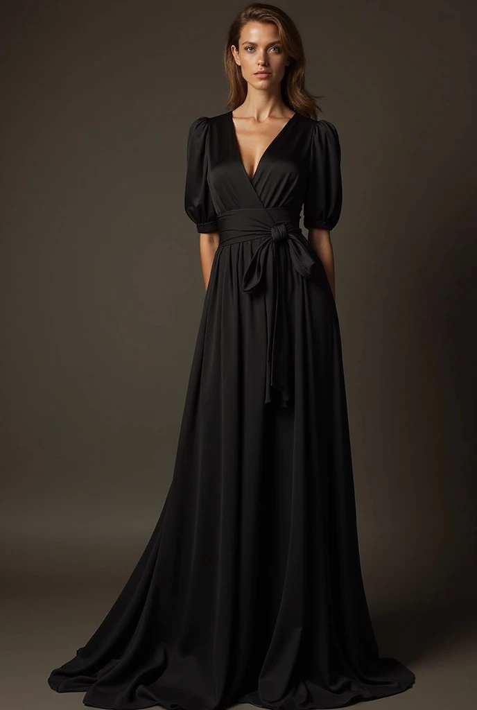 Plus size women's long party dress, In the black color, with long flowing sleeves and a flared skirt