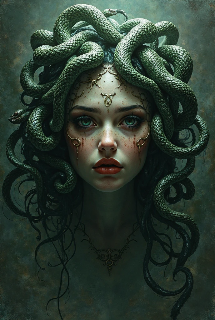 ((medusa)), ((the hair is composed of countless small snakes)), ((cobertura da parte superior do corpo com cobras)), (cara de olho de cobra verde, hands on cheeks, Rosto alto e detalhado, olhos altamente detalhados, 16k, Foto RAW, best quality, master part, Foto colorida RAW de alto detalhe, dramatic lighting, Cinematic lighting,