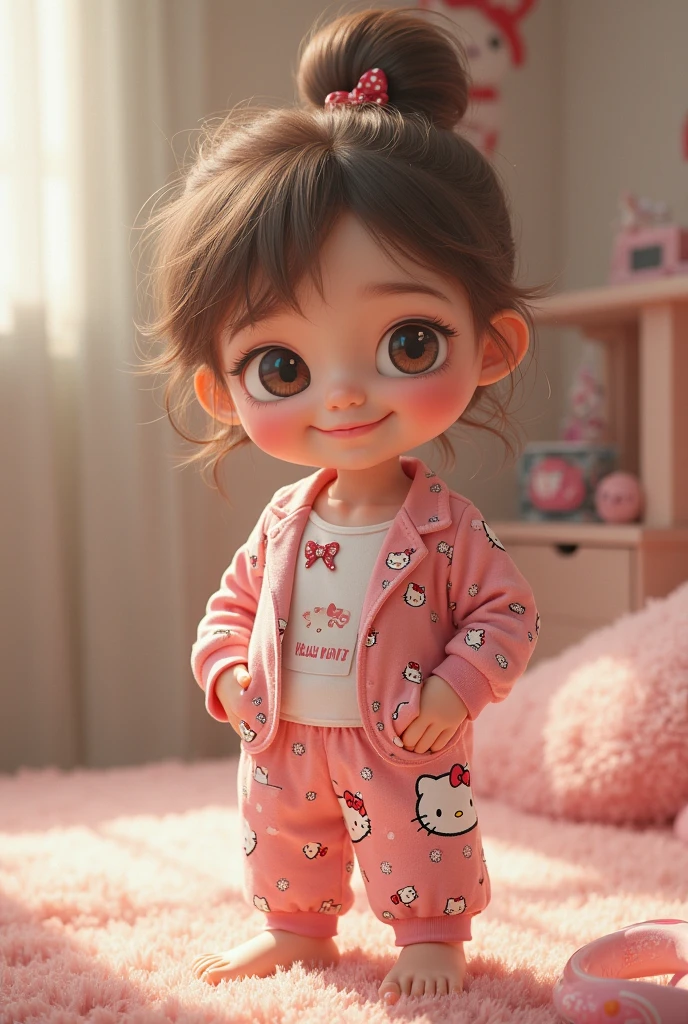 chubby girl with Hello Kitty sleep pants and a white Coraline decorated t-shirt and pink Hello Kitty nails and Hello Kitty slippers, She has to have straight, light brown hair and she has to be with an orange kitten in a room decorated entirely in pink and with Barbie dolls and a PC game decorated entirely in pink.