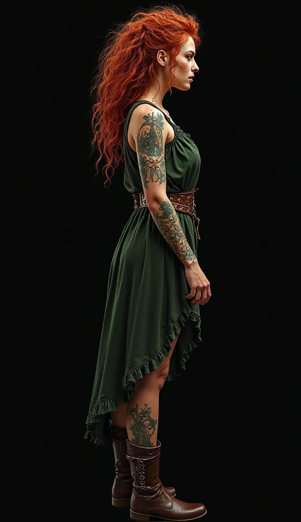 A fair-skinned girl with short blue-colored hair, wearing a short green dress and tattoos on her body