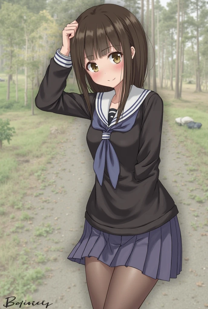 <lora:maria_tomodachi _v1(resize-sv5):1> maria_olis, 1girl, solo, brown hair, hairclip, closed eyes, black serafuku, pleated skirt, black thighhighs, white footwear, thighs, kneeling, looking to the side, blush, frown
BREAK
forest, nature, outdoors
BREAK
from side, from behind