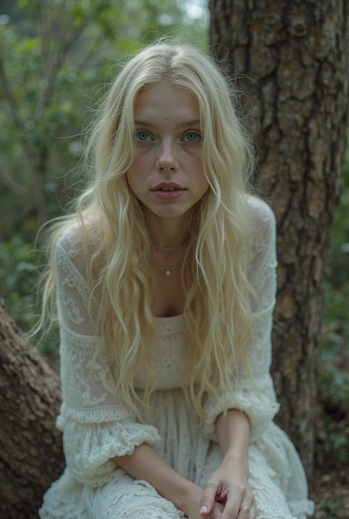 (work of art, maximum quality, best qualityer, beautiful and aesthetic:1.2), extremely detaild, Foto de uma mulher, top and tight sweatpants, glad, morning, running in the forest, 18 years old, perfectbody, Perfect rare face, (very detailed skin), long white hair, texture skin, Sharp focus on rare face, perfect blue  eyes, (photorrealistic), Film grain, name Luna, Platinum hair