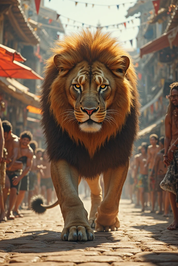 Man wearing custom lion head hat , the face of the man still uncover, 