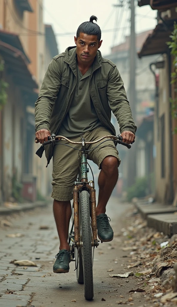 image of a young man with an old man's face without a shirt riding a single