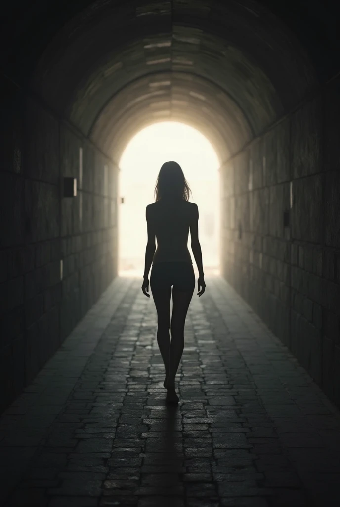 NSFW, woman in a tunnel, standing, rear view, fit legs, looking back at camera, naked, blue eyes, brown hair, snowey