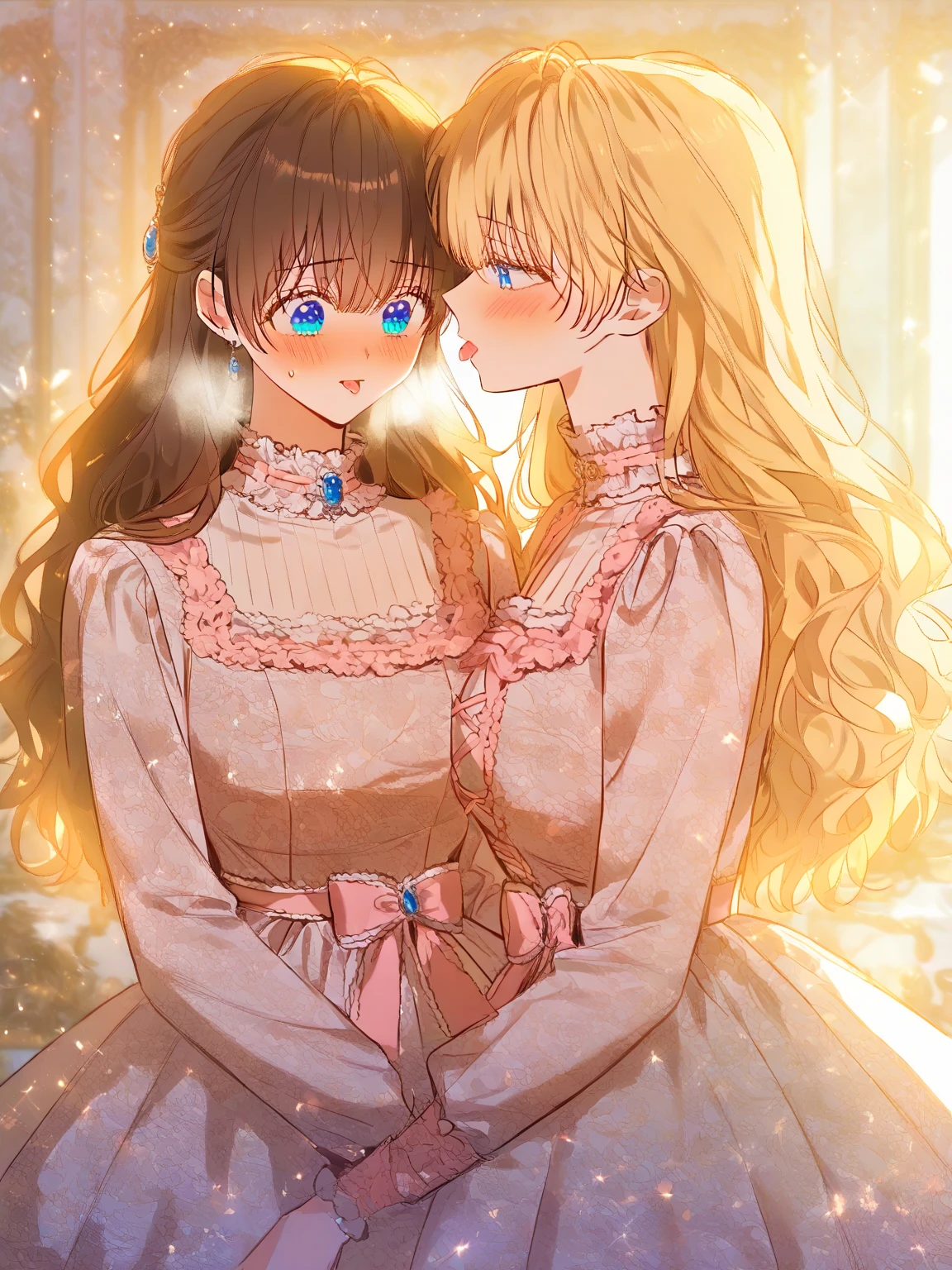 Side view, Kissing erotically with tongue, Beautiful and atmospheric, age difference, cute Lolita dresses, (masterpiece, best quality:1.2), atmospheric details, yuri, lesbian, (duo focus), size difference, age difference, (depth of field:1.2), absurdres, highres, soft lighting, soft shadows, manhwa Victorian bedroom background, {1girl, blonde milf futanari, ,  milf with , messy bangs, jewel blue eyes, dominant and , French kiss}, {1girl, brunette little girl, shy submissive brunette, sweet little girl, long straight brown hair little girl, blunt bangs, blue jewel eyes, youthful face, young little girl, innocent brunette, flat small , blushing while kissing}