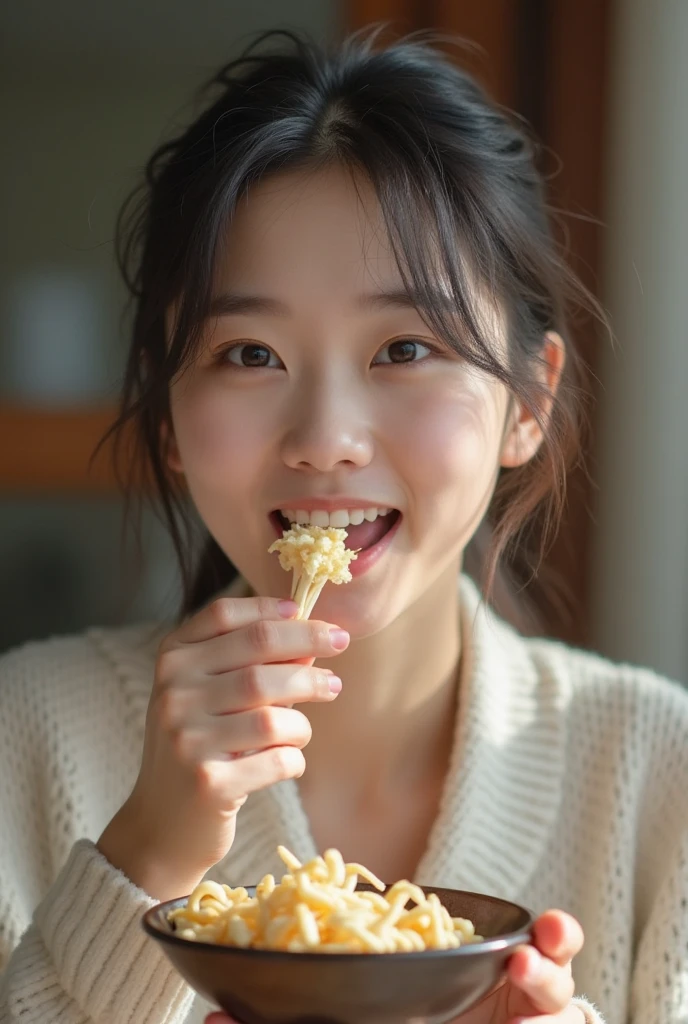 extreme close-up of beautiful korean female, 34 inch breasts size, smile, wearing t-shirt, sitting, eating noodles, cinematic scene, UHD