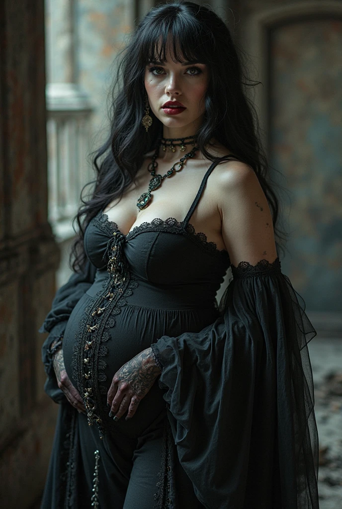 Sexy goth girl, nun, revealing clothes, pregnant