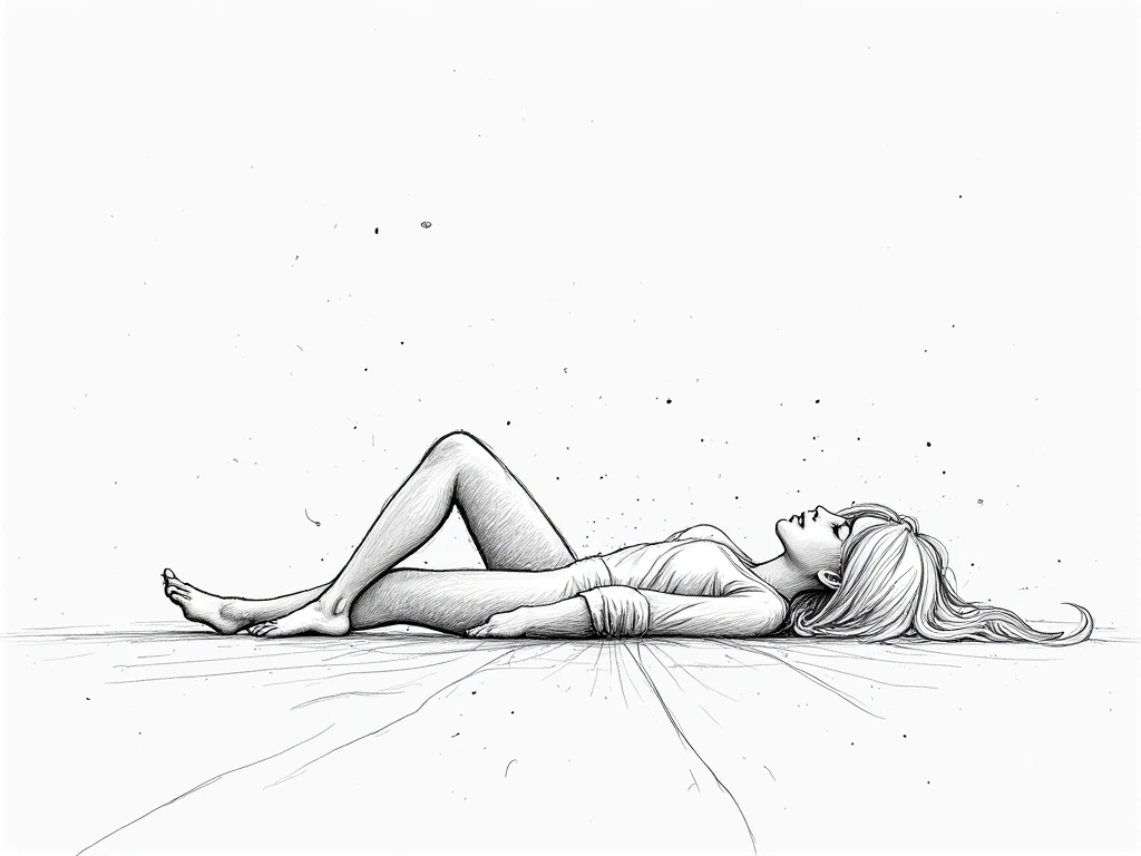 black and white drawing of a naked nude woman, she lies on her back. she does gymnastics on a mat in the middle of a beautiful park