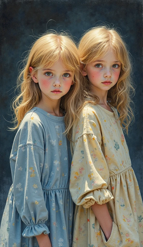 GIRLS Russian children with 10 years, loiro cabelos compridos, PORTRAIT, JAQUETA PRETA E ROUPA PRETA, FUNDO AMARELO.