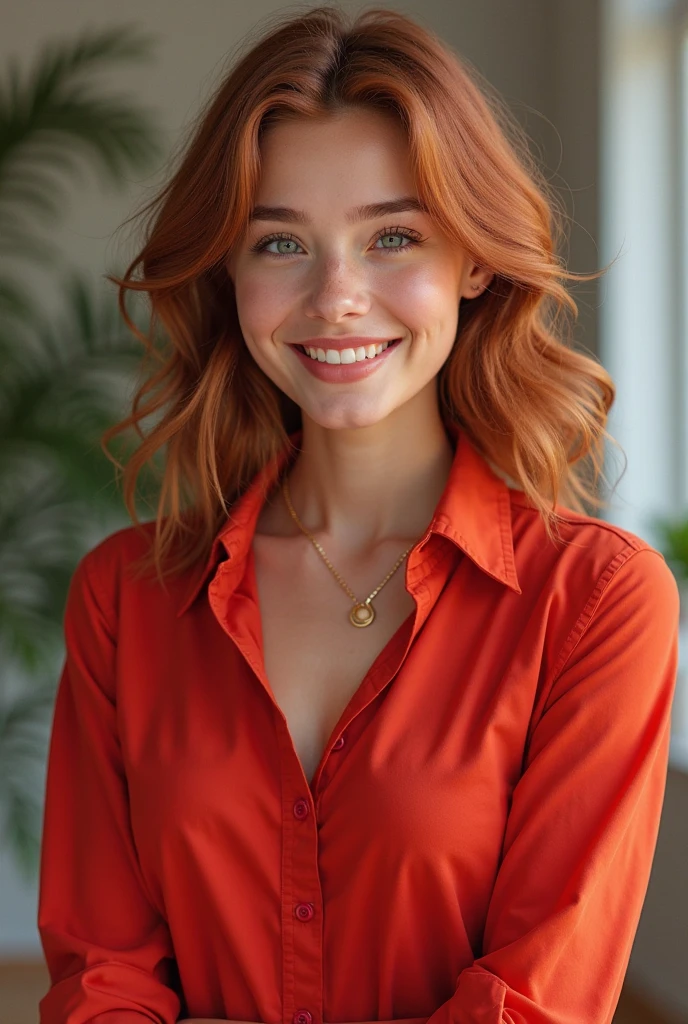 Realistic full body photo of a smiling, beautiful red-haired woman with long hair, She dances in front of the camera in a long green satin shirt and tight, elegant white tight jeans ...., fine fabrics, Park,glamour fotoshooting, Park, perfect anatomy, perfect green eyes. Perfect hands with 5 fingers on each hand, Suitable woman, looking at the camera, 1 Frau. (Eye make up:1.1), (highly detailed skin:1.1), spirit, analog style, keen focus, 8K UHD, dslr, good quality, Fujifilm XT3, Grain, Award-winning, masterpiece. Park