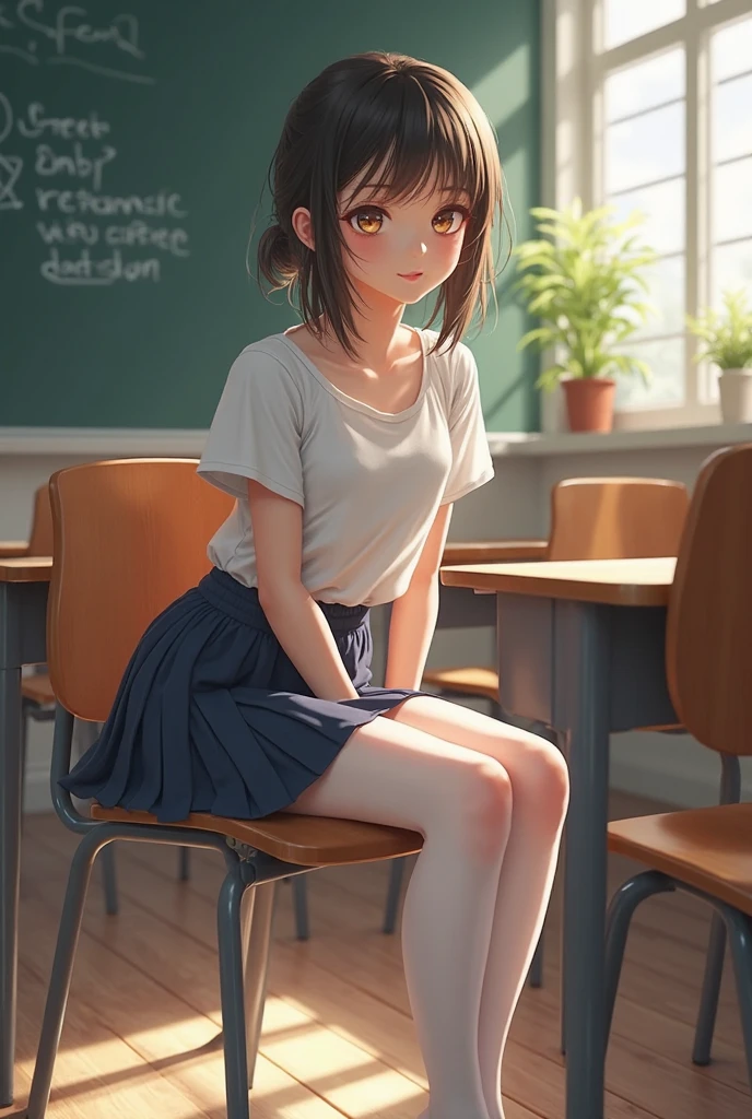 nsfw,loafers、smile、Bright classroom、(((alone))),(((1 girl))), beautiful, shape, Highly detailed skin, masterpiece, Highest quality, Highly detailed face, Vibrant colors, Written boundary depth, Cinema Lighting,, one person's, alone, short hair,skirt,blush, White shirt, masterpiece Highest quality 高解像度 膝を曲げて座る、eight-headed body、beautiful足 、On campus、As if looking up from below、((Embarrassing,blush)),Browsing Caution,White panties,(((White pantiesをずらしてまんこを見せる)))