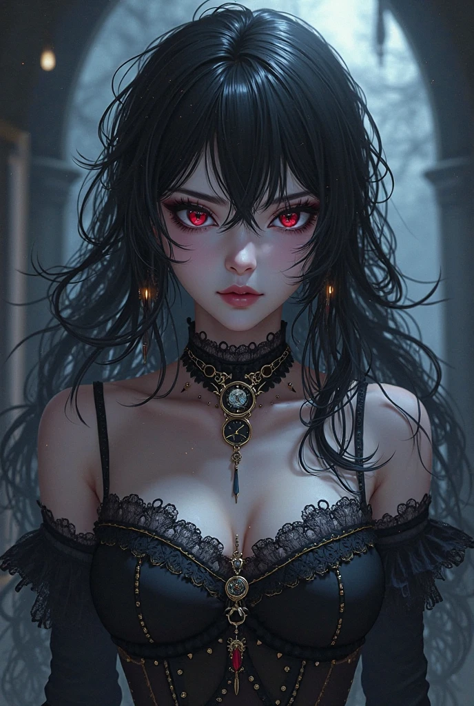 Create a female jujutsu kaisen oc, long black fur, red and sleepy eyes, with a tattoo on his neck